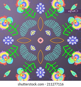 Transparent circular  pattern of floral motifs, branches, flowers on a gradient background. 