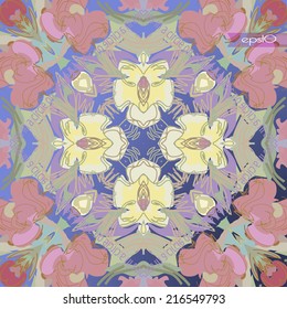 Transparent circular   pattern of pale floral motif, leaves and text  on a gradient blue background.