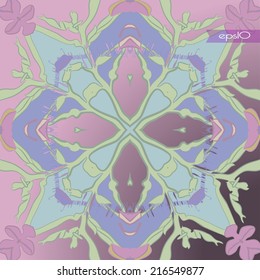 Transparent circular  pattern of pale  floral motif, branches and text   on a gradient  pink background.