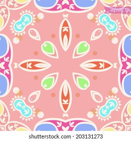 Transparent circular seamless pattern from floral motifs and text on a pink background.