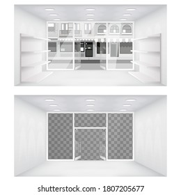 Transparent city street open doors store interior shop 3d empty shelves space background vector illustration