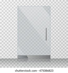 Transparent clear glass door isolated on transparent checkered background. Mock up entrance door for shop or fashion boutique. Vector illustration