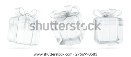 Transparent clear glass gift box. Vector illustration. Christmas, new year, sale, shopping. Present box with bows ribbons. Giftbox for valentine, birthday, holiday. Isoleted white background