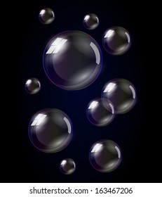 Transparent clear soap bubbles. Vector illustration. Aqua water drops.