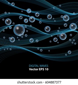 Transparent Clear Water. Sphere drops and waves on black background. Vector illustration