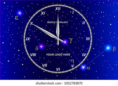 Transparent clock template against the background of the constellation of Cassiopeia. Can be placed on any background. Vector illustration for your design.