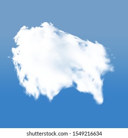 Transparent cloud on a blue azure background. Space, vector illustration. Illuminated template with soft smooth colors. White isolated, cutout extracted, realistic cloud. Thundercloud or smoke.