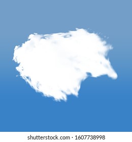 Transparent cloud on a blue azure backdrop. Illuminated template with soft smooth colors. Heaven, vector illustration. White cutout extracted, isolated, realistic cloud. Smoke or thundercloud.