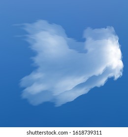 Transparent cloud on a blue azure backdrop. Frame, vector illustration. Light template with soft smooth colors. White cutout extracted, isolated, realistic cloud. Smoke or thundercloud.