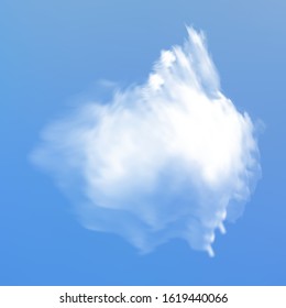 Transparent cloud on a blue azure background. Icon, vector illustration. Abstract template with soft smooth colors. White isolated, realistic, cutout extracted cloud. Thundercloud or smoke.