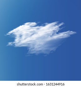Transparent cloud on a blue azure backdrop. Atmosphere, vector illustration. Graphic template with soft smooth colors. White cutout extracted, isolated, realistic cloud. Smoke or thundercloud.