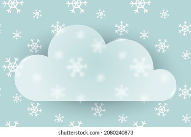 Transparent cloud in trendy style of glassmorphism or frosted glass on winter background with hand drawn snowflakes. Template for greeting , invitation, sticker, postcard, poster with place for text.