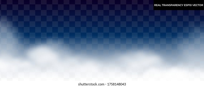 Transparent clouds, fog isolated on dark background, realistic vector illustration. Real transparency, no trace elements. Cloudscape collection, evening sky concept. Night foggy background.