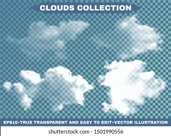 Transparent clouds on a blue azure background. Vector illustrations collection. Fresh template with soft colors. White isolated, cutout extracted, realistic elements. Thunderclouds or smoke.