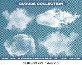 Transparent clouds on a blue azure background. Beautiful template with soft colors. Vector illustrations collection. White isolated, realistic, cutout extracted elements. Thunderclouds or smoke.