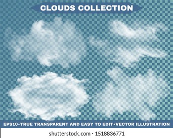 Transparent clouds on a blue azure backdrop. Vector illustrations collection. Light template with soft colors. White cutout extracted, isolated, realistic elements. Smoke or thunderclouds.