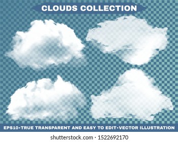 Transparent clouds on a blue azure backdrop. Creative template with soft colors. Vector illustrations set. White cutout extracted, isolated, realistic elements. Smoke or thunderclouds.