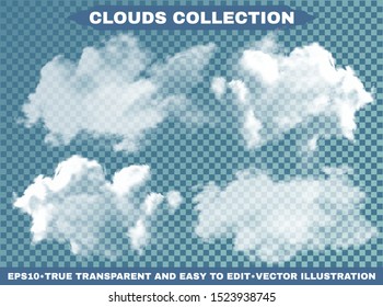 Transparent clouds on a blue azure background. Vector illustrations collection. Creative template with soft colors. White isolated, realistic, cutout extracted elements. Thunderclouds or smoke.
