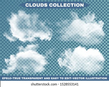 Transparent clouds on a blue azure background. Vector illustrations kit. Illuminated template with soft colors. White isolated, realistic, cutout extracted elements. Thunderclouds or smoke.