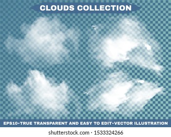 Transparent clouds on a blue azure backdrop. Vector illustrations collection. Cloudy template with soft colors. White cutout extracted, isolated, realistic elements. Smoke or thunderclouds.