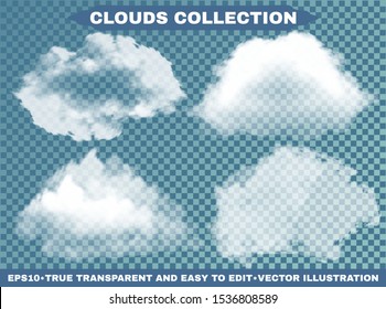 Transparent clouds on a blue azure backdrop. Creative template with soft colors. Vector illustrations collection. White cutout extracted, isolated, realistic elements. Smoke or thunderclouds.