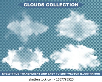 Transparent clouds on a blue azure backdrop. Vector illustrations kit. Creative template with soft colors. White cutout extracted, isolated, realistic elements. Smoke or thunderclouds.