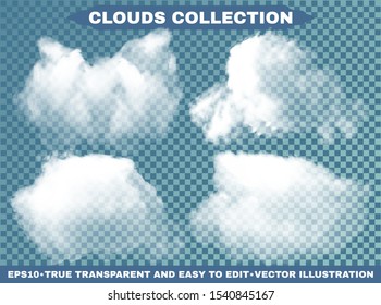 Transparent clouds on a blue azure backdrop. Vector illustrations set. Beautiful template with soft colors. White cutout extracted, isolated, realistic elements. Smoke or thunderclouds.