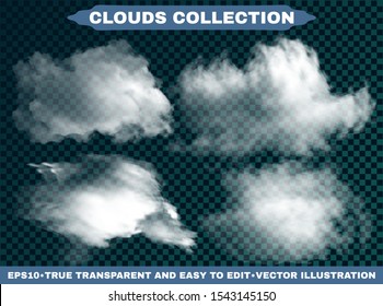 Transparent clouds on a blue azure background. Beautiful template with soft colors. Vector illustrations set. White isolated, realistic, cutout extracted elements. Thunderclouds or smoke.
