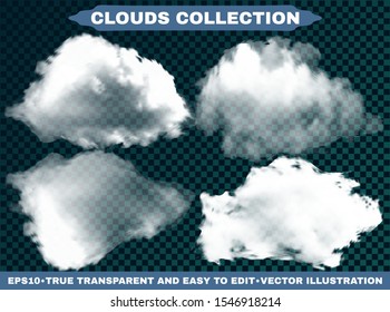 Transparent clouds on a blue azure background. Vector illustrations collection. Creative template with soft colors. White isolated, cutout extracted, realistic elements. Thunderclouds or smoke.