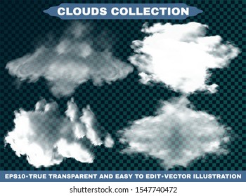 Transparent clouds on a blue azure backdrop. Air template with soft colors. Vector illustrations collection. White cutout extracted, isolated, realistic elements. Smoke or thunderclouds.