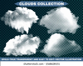 Transparent clouds on a blue azure backdrop. Vector illustrations set. Air template with soft colors. White cutout extracted, isolated, realistic elements. Smoke or thunderclouds.