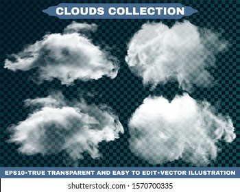 Transparent clouds on a blue azure backdrop. Vector illustrations set. Original template with soft colors. White cutout extracted, isolated, realistic elements. Smoke or thunderclouds.