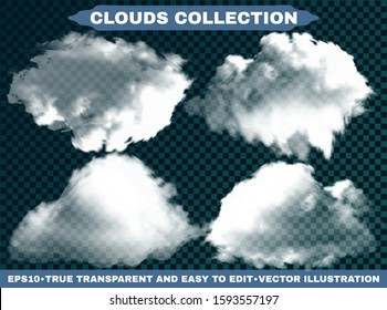 Transparent clouds on a blue azure background. Vector illustrations kit. Illuminated template with soft colors. White isolated, cutout extracted, realistic elements. Thunderclouds or smoke.