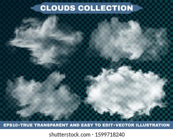 Transparent clouds on a blue azure background. Colorful template with soft colors. Vector illustrations kit. White isolated, realistic, cutout extracted elements. Thunderclouds or smoke.