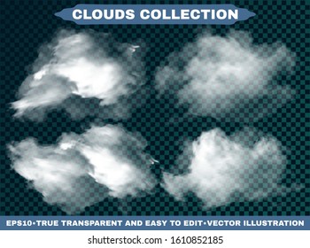 Transparent clouds on a blue azure background. Vector illustrations kit. Colorful template with soft colors. White isolated, realistic, cutout extracted elements. Thunderclouds or smoke.