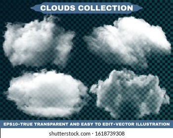 Transparent clouds on a blue azure backdrop. Vector illustrations set. Original template with soft colors. White cutout extracted, isolated, realistic elements. Smoke or thunderclouds.