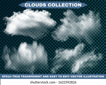 Transparent clouds on a blue azure background. Colorful template with soft colors. Vector illustrations set. White isolated, cutout extracted, realistic elements. Thunderclouds or smoke.