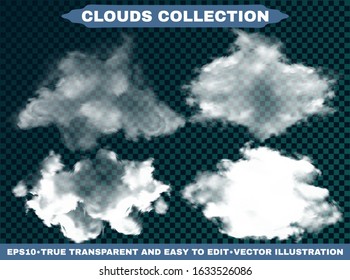Transparent clouds on a blue azure backdrop. Vector illustrations collection. Illuminated template with soft colors. White cutout extracted, isolated, realistic elements. Smoke or thunderclouds.