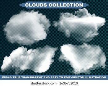 Transparent clouds on a blue azure background. Fluffy template with soft colors. Vector illustrations set. White isolated, cutout extracted, realistic elements. Thunderclouds or smoke.