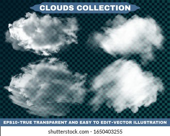 Transparent clouds on a blue azure backdrop. Vector illustrations kit. Cloudy template with soft colors. White cutout extracted, isolated, realistic elements. Smoke or thunderclouds.