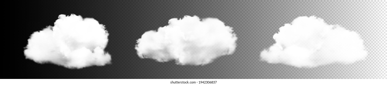 Transparent clouds set.  White cloudiness, mist or smog background.  Realistic vector clouds. Design element