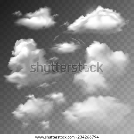 Transparent clouds spring sunny weather cloudscape realistic set vector illustration