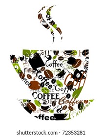 Transparent coffee cup made of various captions, cups and beans. Vector illustration