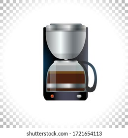 Transparent coffee pot full of dark drink. Electric teapot icon. Household appliance. Kitchen electrical device. Transparent glass tea kettle, coffee maker, boiler machine. Flat vector illustration.