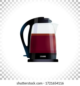 Transparent coffee pot full of dark drink. Electric teapot icon. Household appliance. Kitchen electrical device. Transparent glass tea kettle, coffee maker, boiler machine. Flat vector illustration.