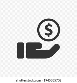 Transparent coin on hand icon png, vector illustration of an coin on hand icon in dark color and transparent background(png)