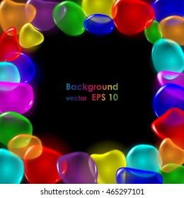 Transparent color drops on black background. Vector.