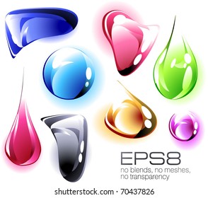 Transparent color drops on white background. Vector.