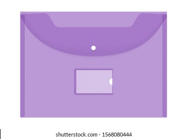 Transparent color plastic envelope folder with snap button and label pocket, mock-up. Clear document bag for education and business, vector illustration.