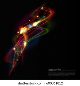 Transparent color waves. Background of glowing light effect. Shining glitter particles allocated on neutral background. Space for your message. Eps 10 vector illustration. 